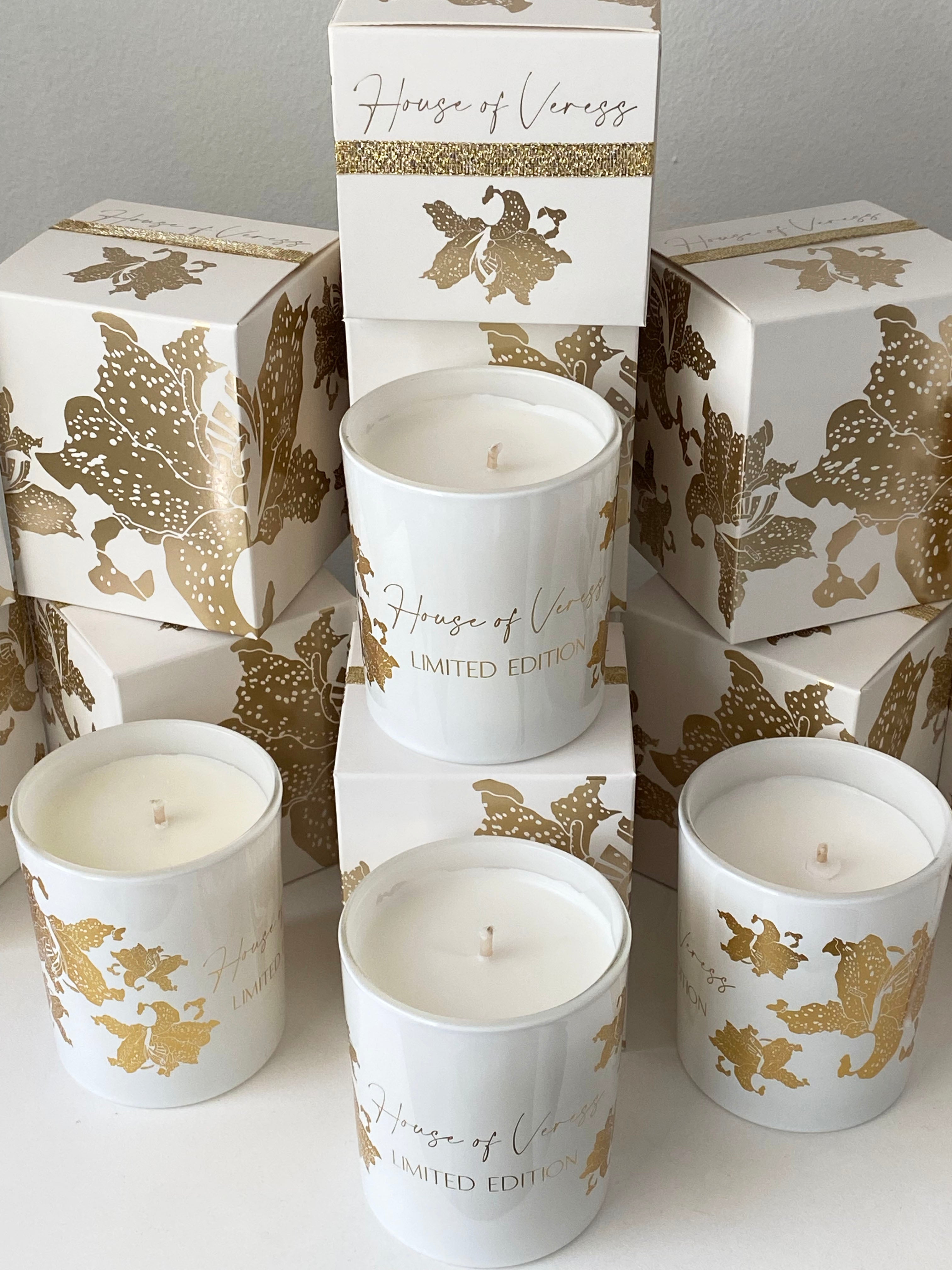 Custom blended candles. Hand poured and beautifully presented in our first release of our limited edition tiger lily gold foil print.