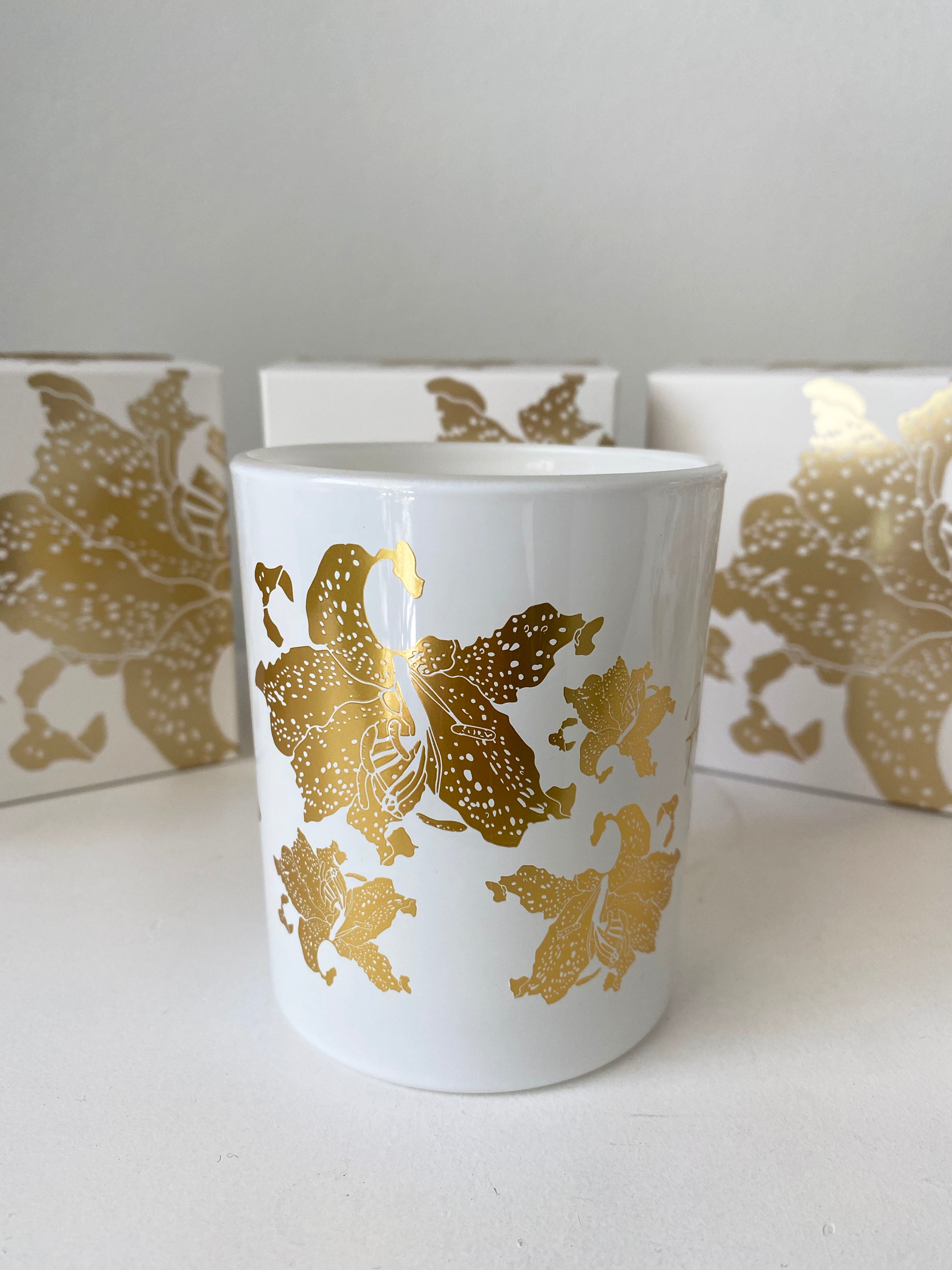 Custom blended candles. Hand poured and beautifully presented in our first release of our limited edition tiger lily gold foil print.