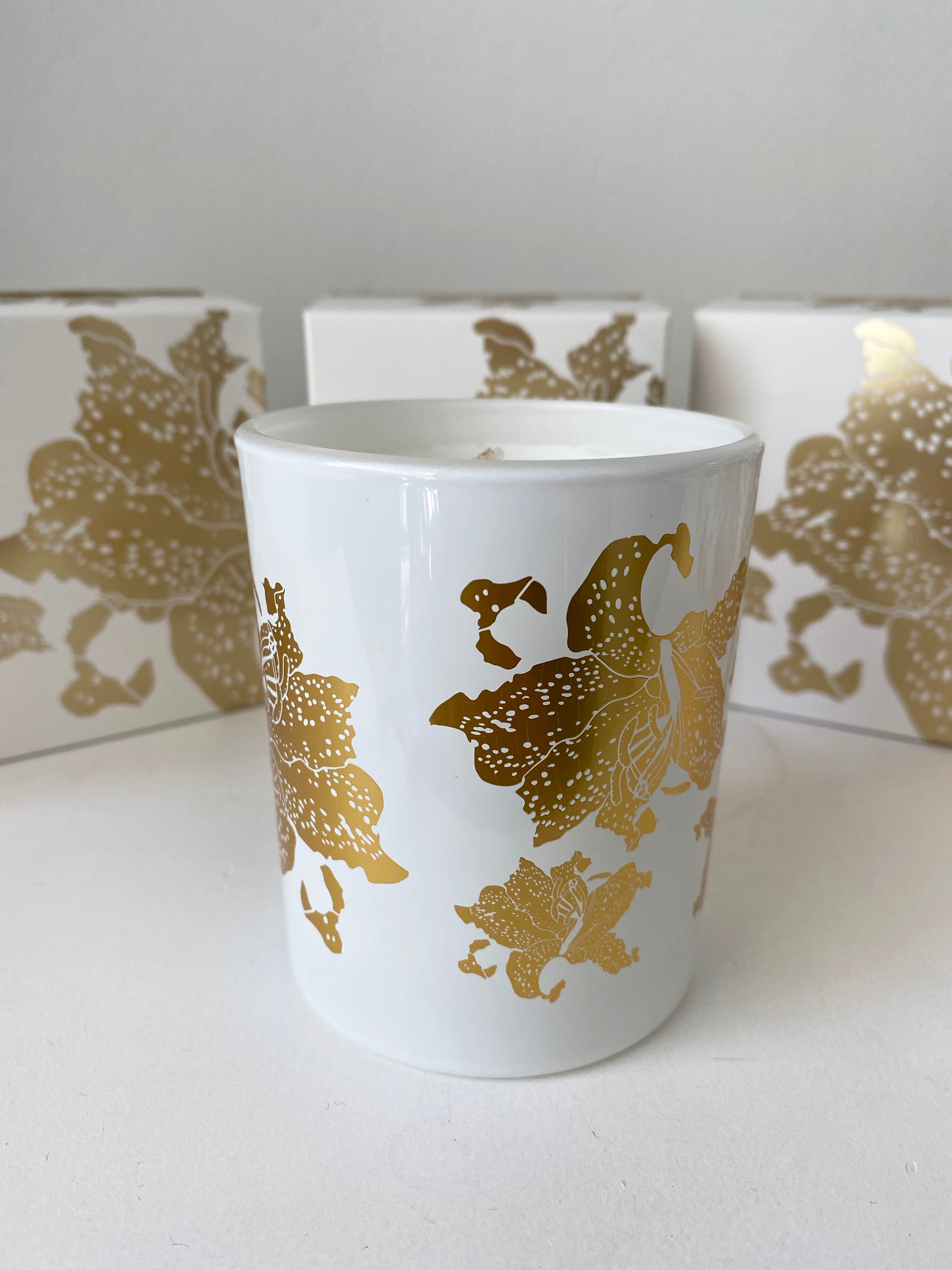 Custom blended candles. Hand poured and beautifully presented in our first release of our limited edition tiger lily gold foil print.